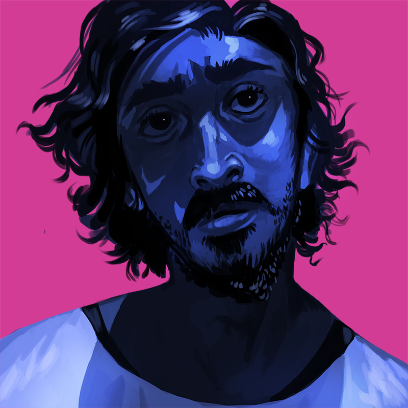 portrait study of dev patel with bold blue and pink colors