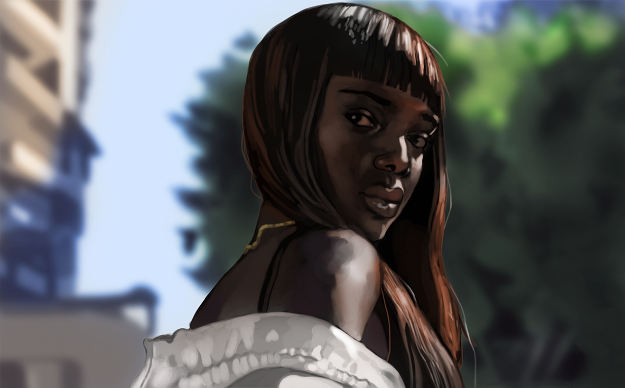 portrait study of duckie thot against a blurred backdrop of trees and a building