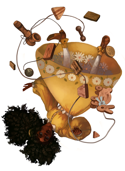 fantasy character illustration of a girl with pigtails and a yellow dress falling upside down