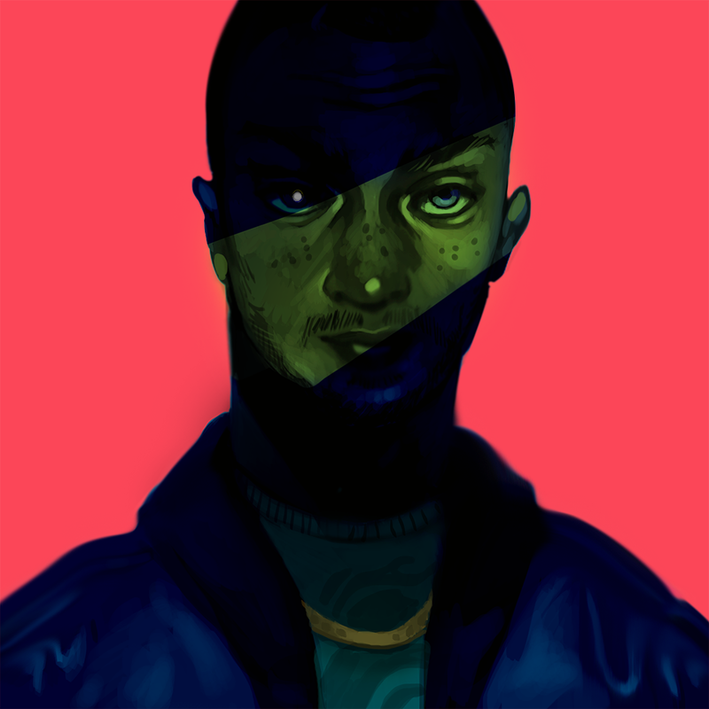 portrait study of jesse williams with green and blue colors against a pink background