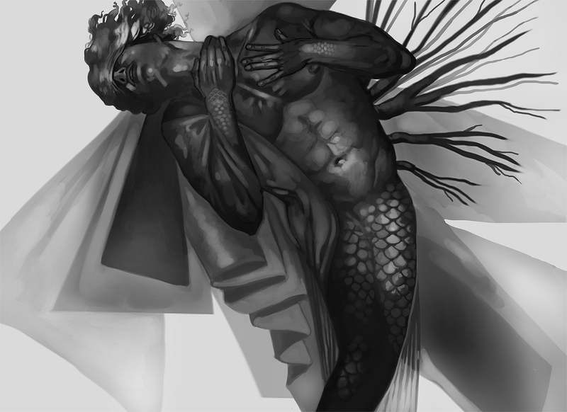 a stylized black and white portrait of a merman clutching his throat with cloth like accessories