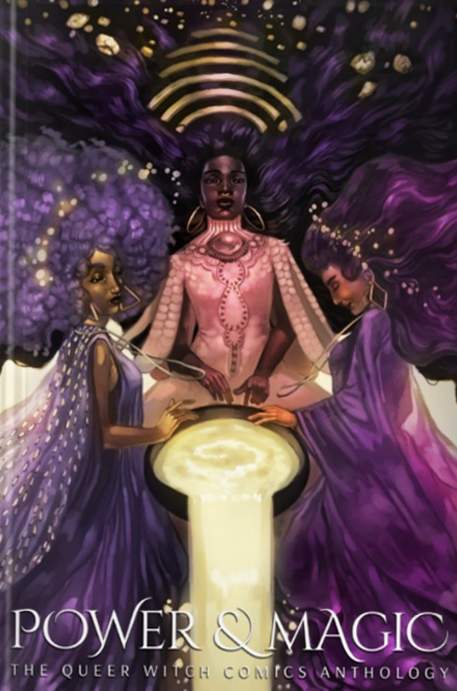 a fantasy book cover illustration featuring three witches wearing pink, purple, and gold over a bowl of gold light