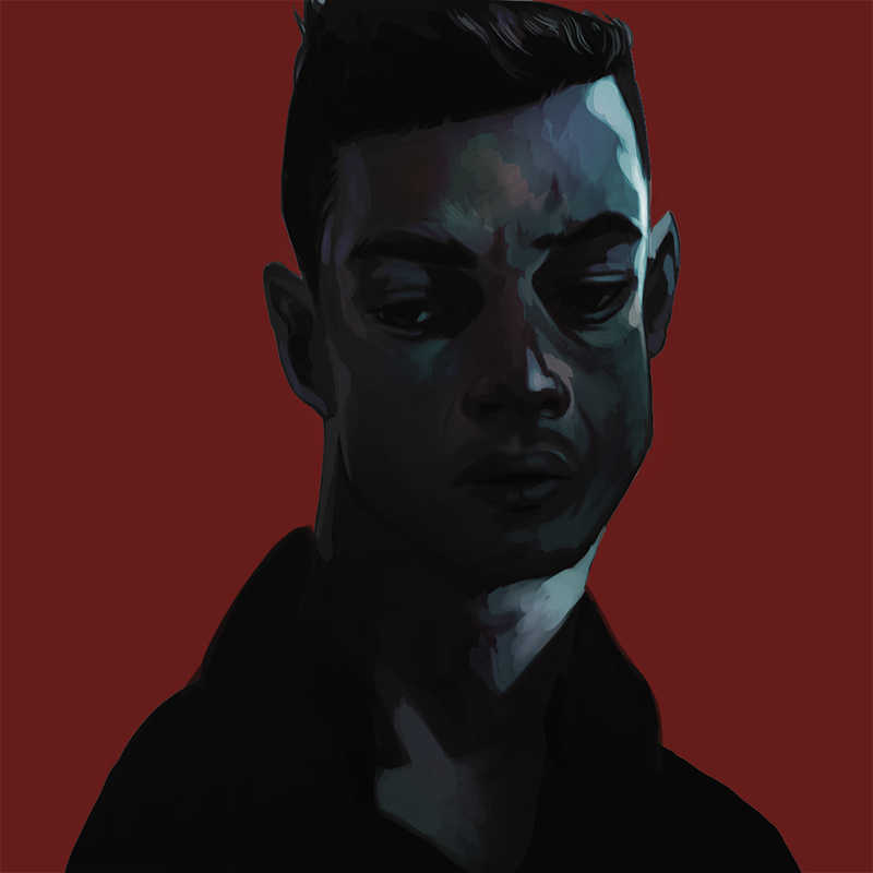 a portrait study of rami malek with muted blue and gray colors against a red background