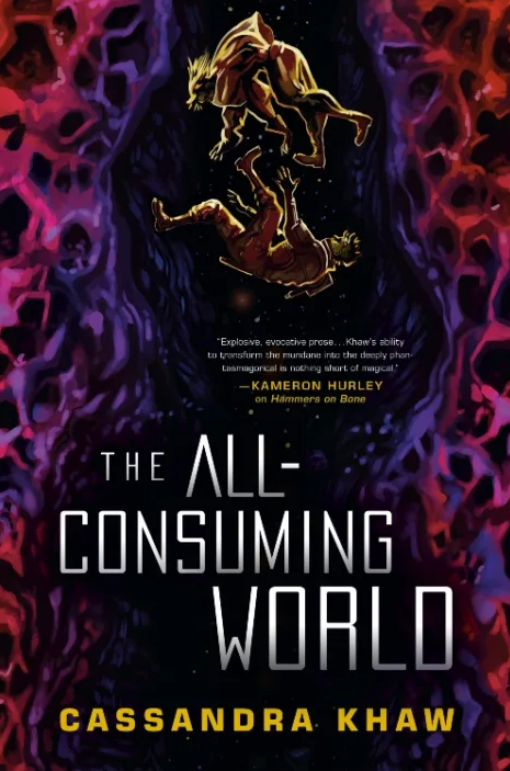 a purple, red, and gold science fiction book cover illustration showing two people falling into darkness