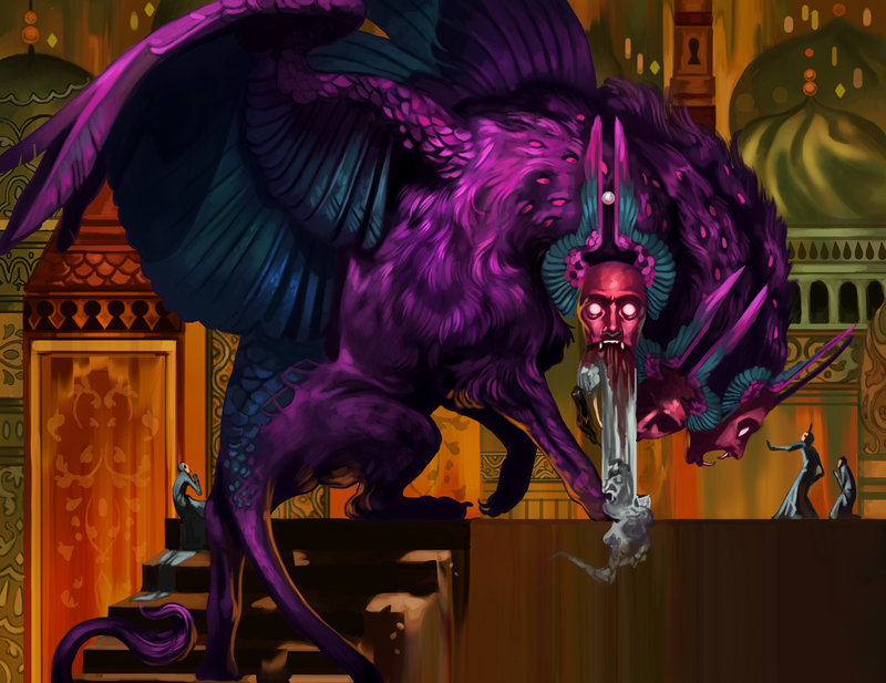 a dark fantasy illustration of a three headed, winged, purple creature against a glittery gold cityscape